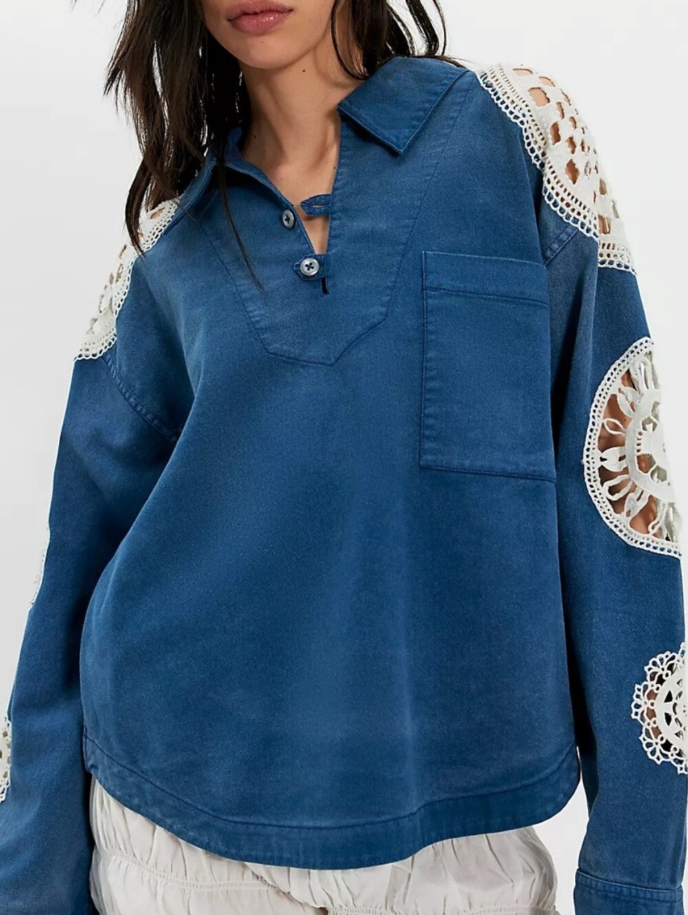 NWT WE THE FREE - Denim Blue Washed Crocher Polo Pullover